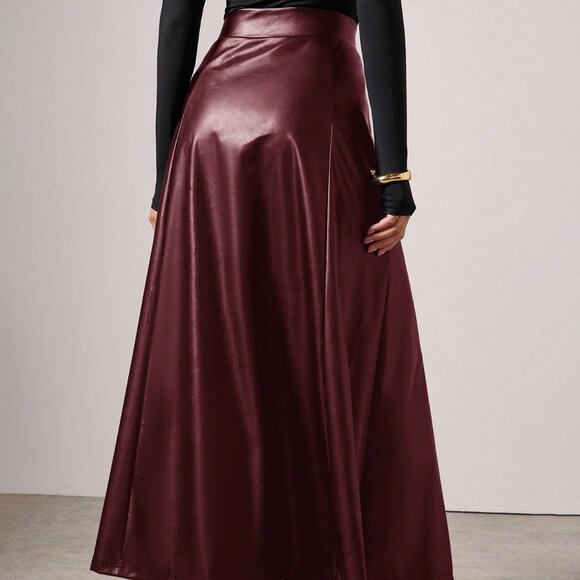 Burgundy Elegant minimalist Women's faux leather maxi Skirt - Picture 2 of 7
